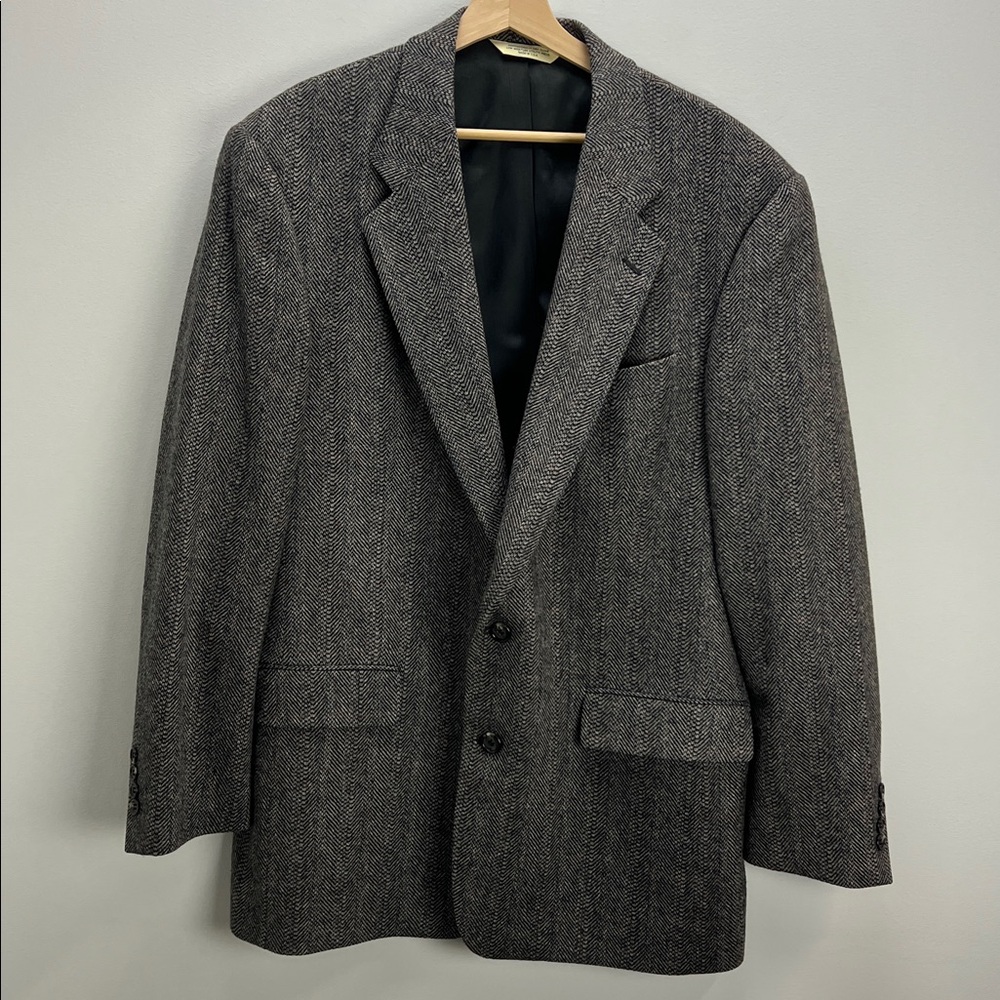 Vintage Evan Picone Herringbone Sport Coat Wool Blazer Gray Made In US Mens 42R